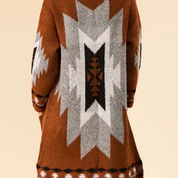 Rust Aztec Open-Front Long Cardigan Sweater - Picture 3 of 8